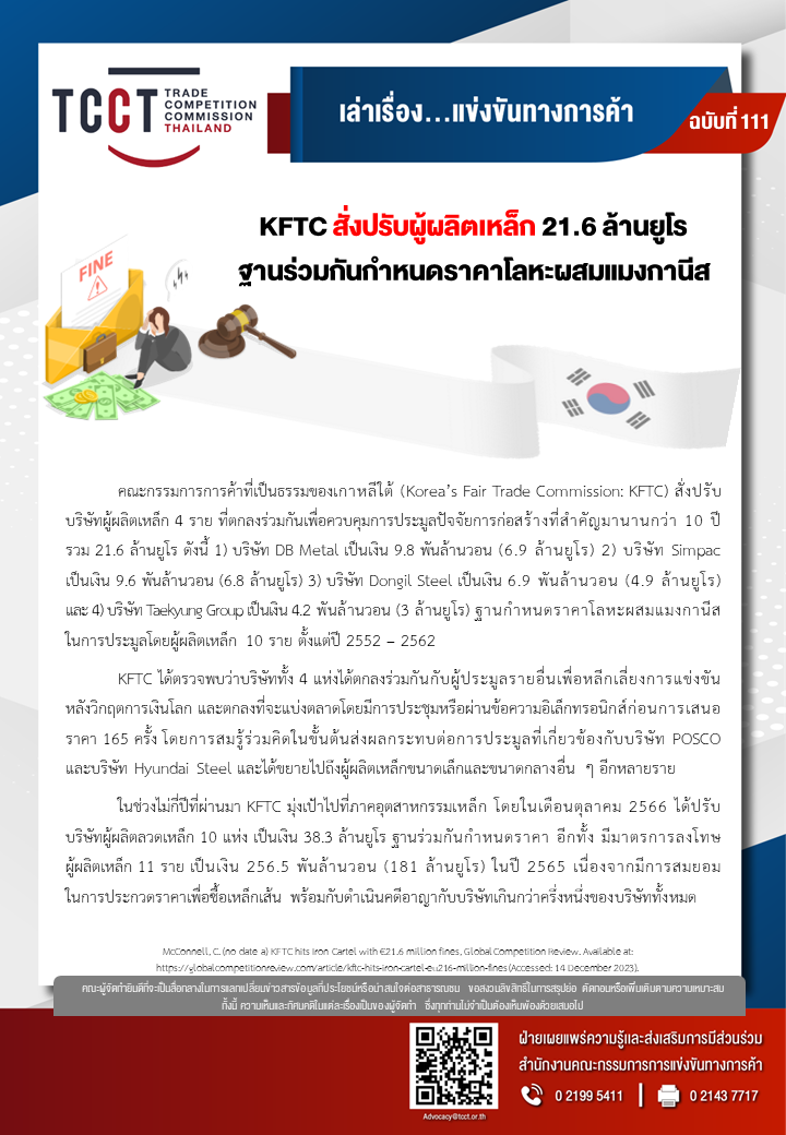 [ฉบับที่ 111] KFTC สั่งปรับผู้ผลิตเหล็ก 21.6 ล้านยูโร  ฐานร่วมกันกำหนดราคาโลหะผสมแมงกานีส